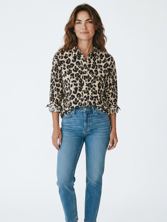 Massimo Dutti Tops - MASSIMO DUTTI Leopard Print Button-Up Shirt - Cream, Black & Brown XS